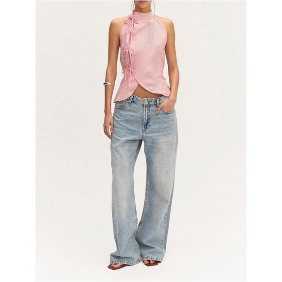 Women's Striped Tie Front Halter Top Sleeveless Open Back Tank Small - Picture 3 of 3